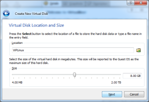 Virtual disk location and size selection