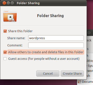 Screenshot of Folder Sharing window to allow access to the wordpress folder over the network.