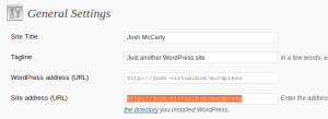 Screenshot of WordPress settings page with computer name in the WordPress address and Site address fields.