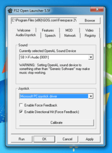 Screenshot of the Audio/Joystick tab in the FS2Open Launcher.