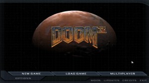 Screenshot of the Doom 3 main menu displaying low-resolution graphics.
