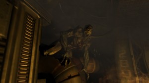 Screenshot of the first Imp encounter in Doom 3 running in widescreen.