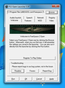 Screenshot of the FS2 Open Launcher welcome screen.
