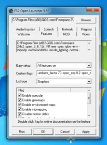 Screenshot of the Features tab in the FS2 Open Launcher.
