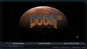 Screenshot of the Doom 3 main menu displaying low-resolution graphics.
