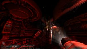 Screenshot of a corridor with a body in Doom 3 running in widescreen.