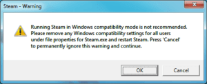 Screenshot of Windows 7 compatibility warning when starting steam.exe
