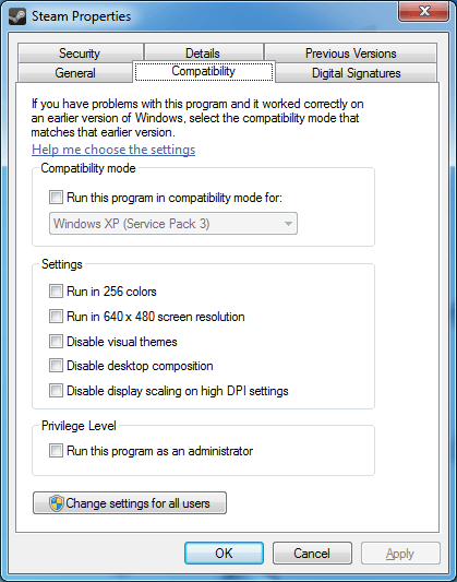 vapor no erro de configuração de compatibilidade do Windows