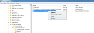 Screenshot of the context menu for the registry entry with the delete option selected.