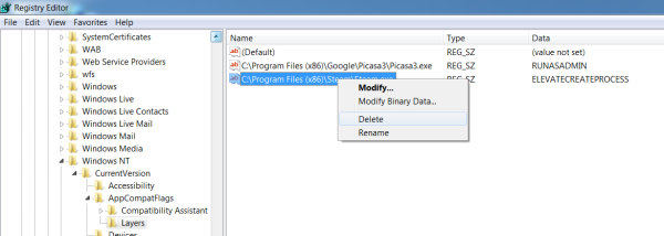 Screenshot of the context menu for the registry entry with the delete option selected.