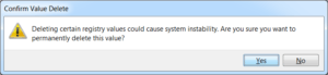 Screenshot of the confirmation warning to delete the registry entry.