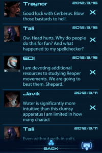 Screenshot of Mass Effect 3 Datapad messages