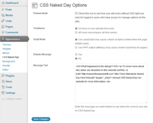 Screenshot of CSS Naked Day options page