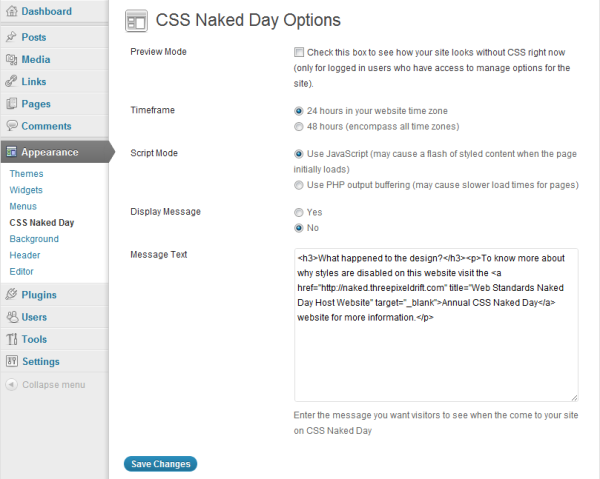 Screenshot of CSS Naked Day options page