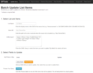 Screenshot of the SPTools Update Items page