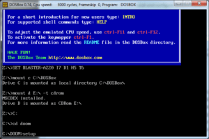 Screenshot of DOSBox commands to run Doom setup.