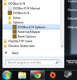 Screenshot of DOSBox Options in the Start Menu.