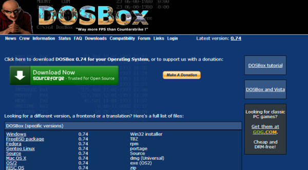 Screenshot of the DOSBox download page.