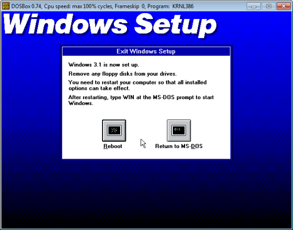 Screenshot of Windows setup complete.
