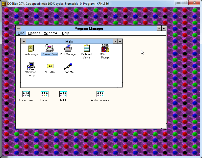 Screenshot of Windows 3.1 running at 800x600 with a 256 color wallpaper.