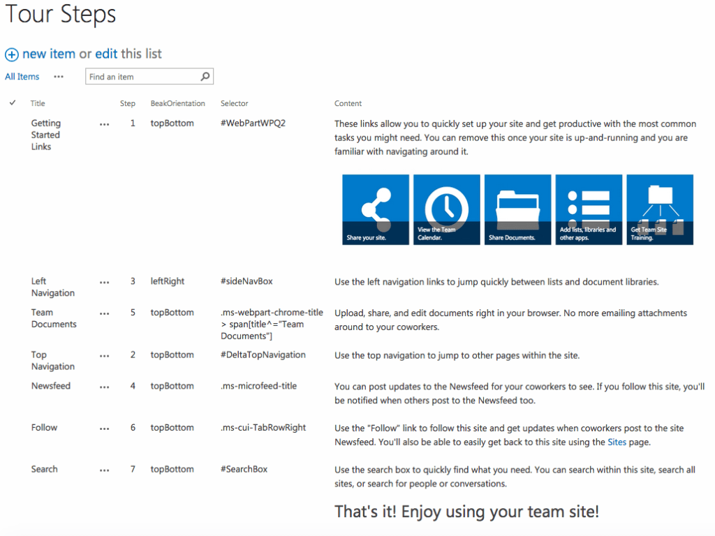 SharePoint list with the callout tour steps as list items.