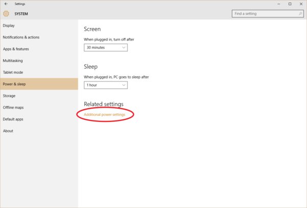 Screenshot of Windows 10 Power and sleep settings