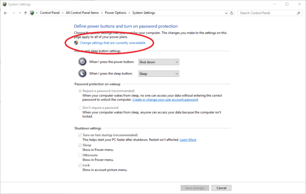 Screenshot of Windows 10 change power settings unavailable