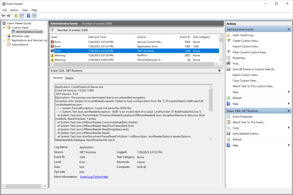 Screenshot of Event Viewer application with CodeProject.AI Server error details shown.