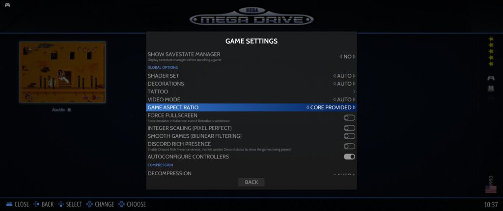 Screenshot of EmulationStation setting to change Game Aspect Ratio to Core Provided