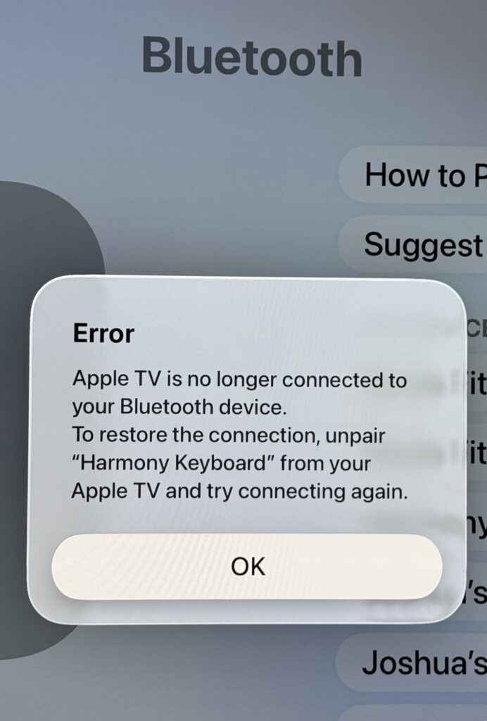 Apple TV showing error message that Harmony Keyboard must be unpaired and reconnected.