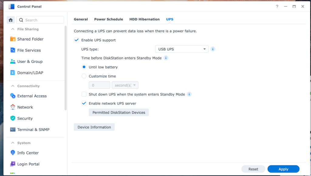DSM settings page for UPS settings showing it is enabled